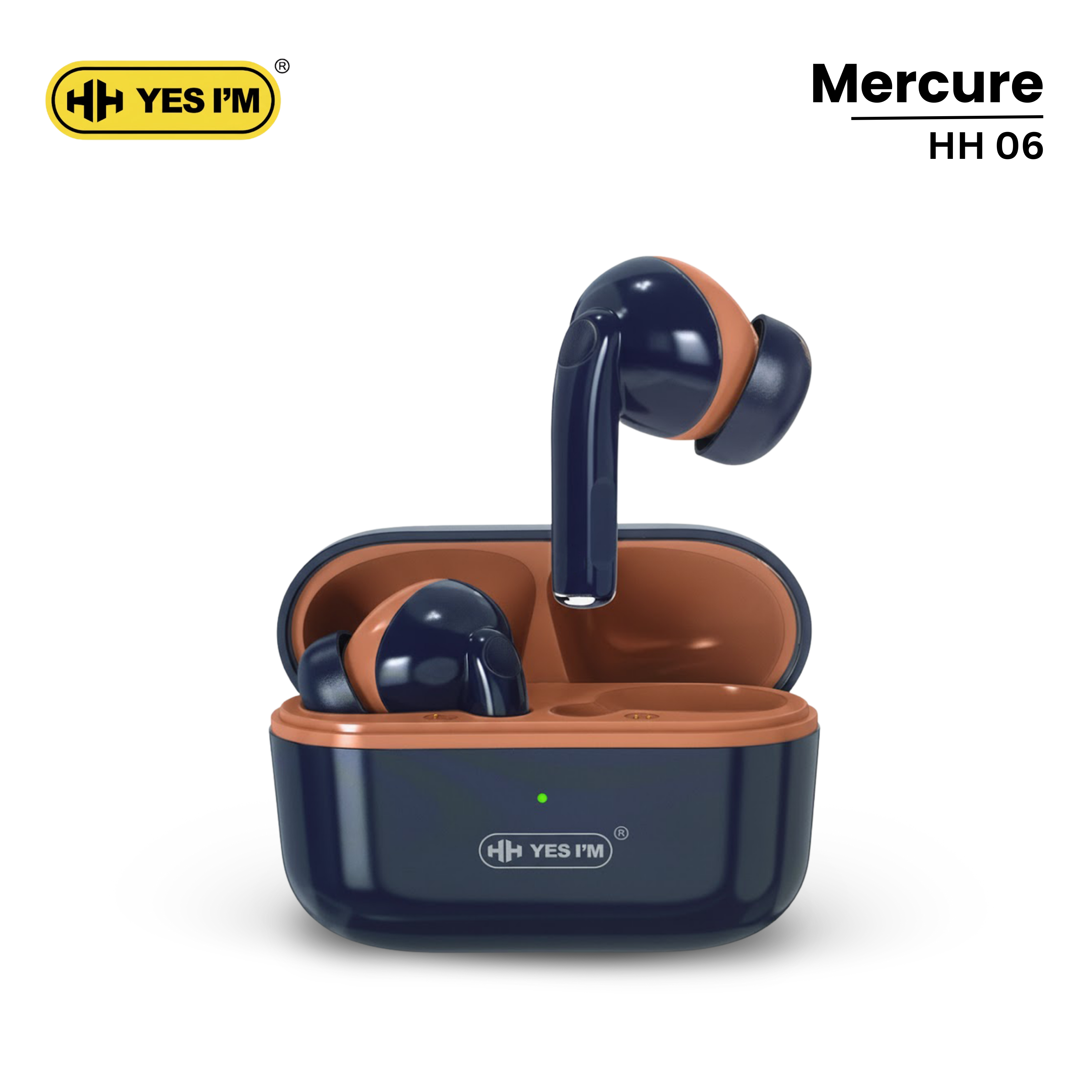 Navy and brown wireless earbuds with charging case on a white background, featuring the Mercure brand.