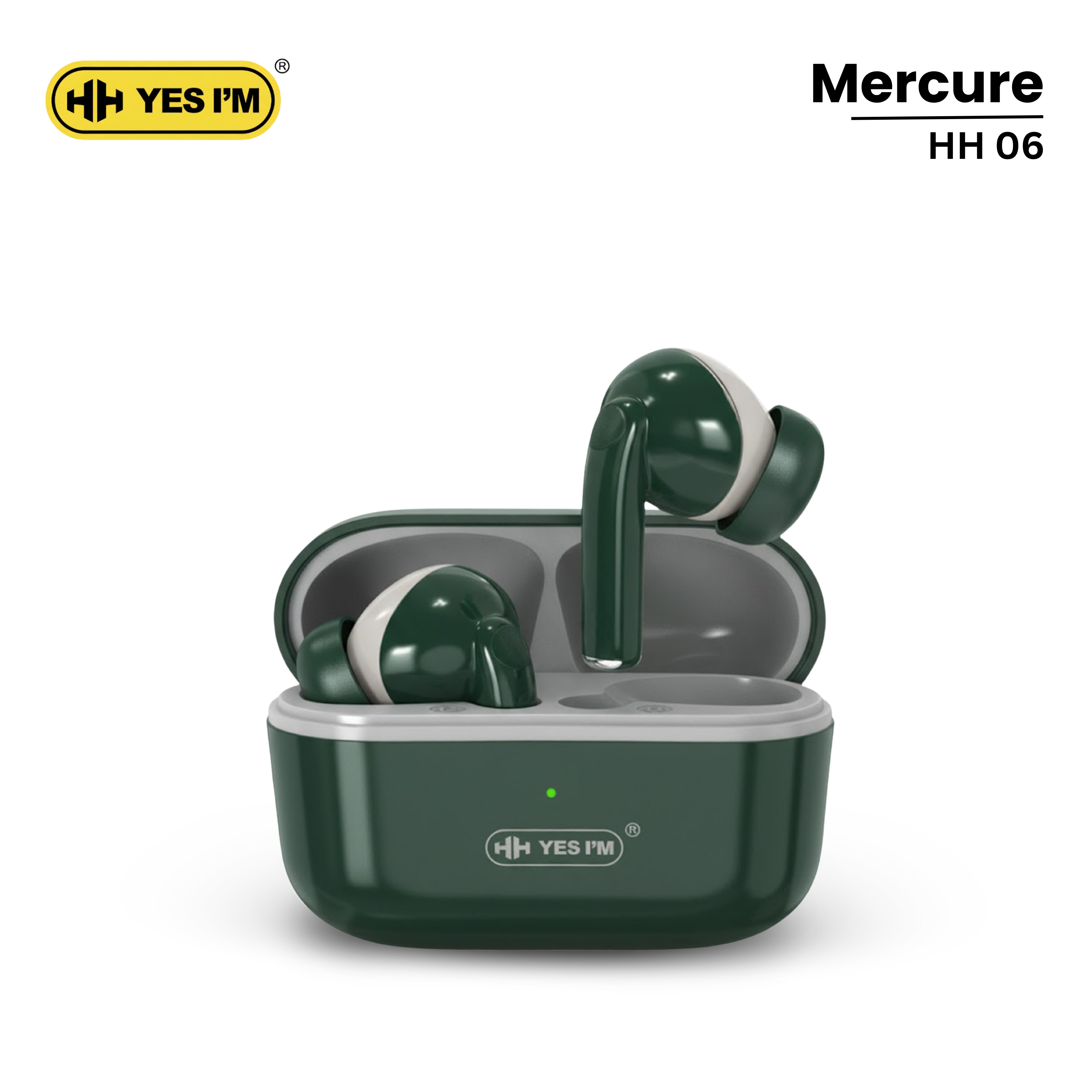 Green wireless earbuds with charging case on a white background, featuring the Mercure brand.